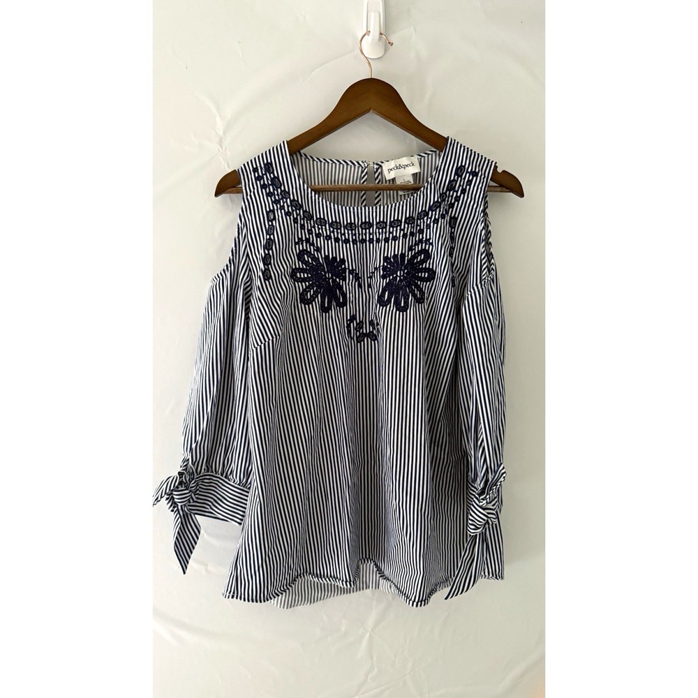 Peck & Peck Women's L Blue/White Striped Cold Shoulder Embroidered Blouse